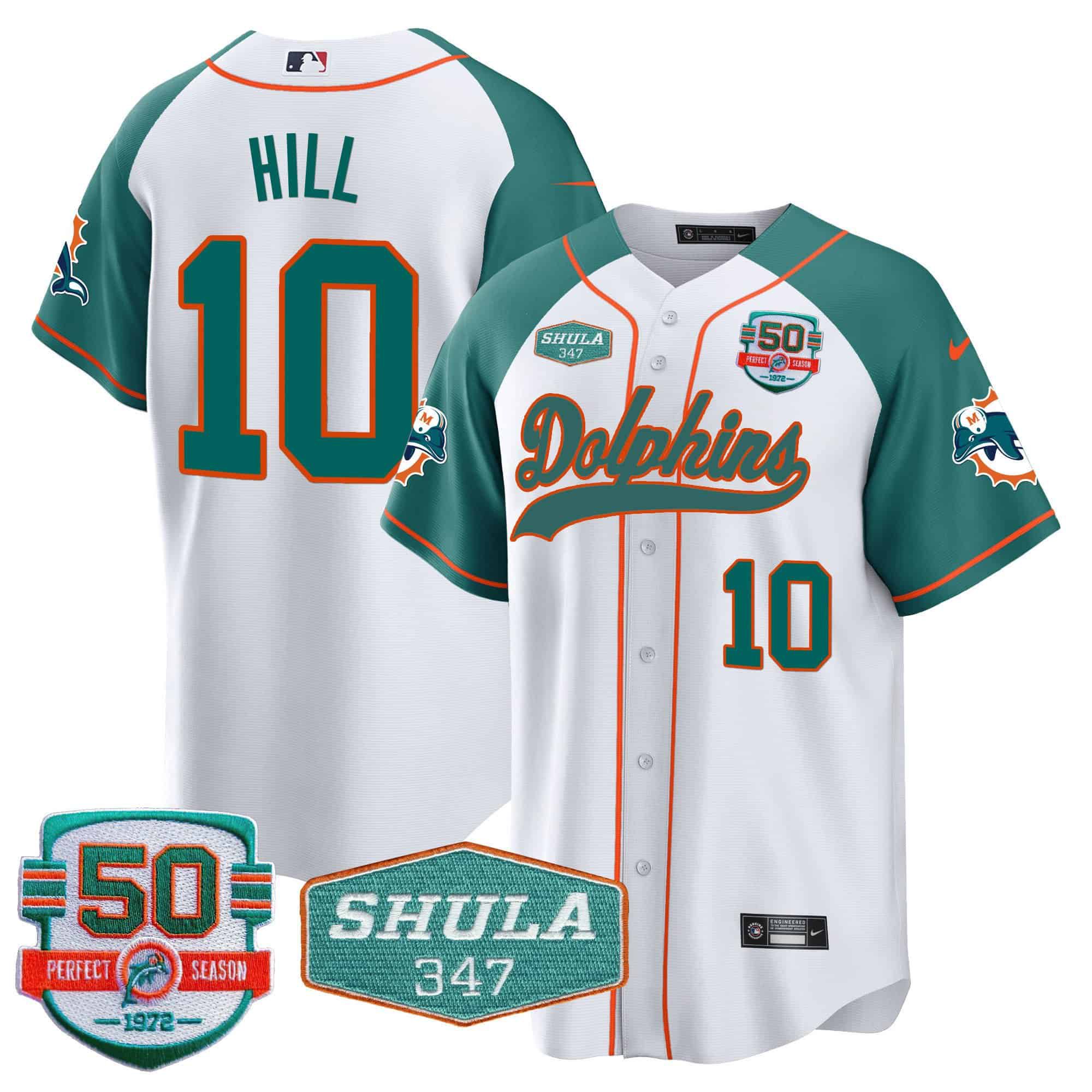 Men Miami Dolphins 10 Hill White 2024 Nike 50th Don Shula Memorial Patch Baseball NFL Jersey style 1
